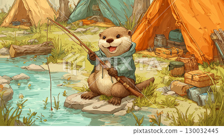 Asian small-clawed otter fishing in the river at the campsite Asian small-clawed otter fishing in the river at the campsite 130032445