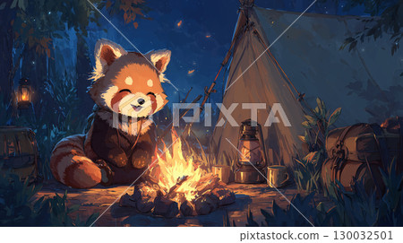 紅熊貓在營地生營火 130032501
