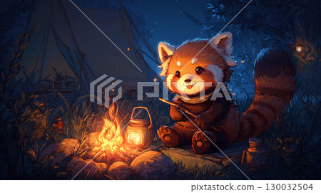 紅熊貓在營地生營火 130032504