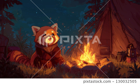 紅熊貓在營地生營火 130032505