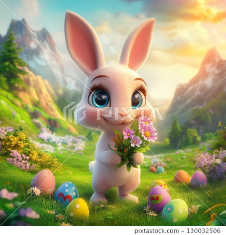 Sunny Easter Meadow Bunny With Flowers Sunny Easter Meadow Bunny With Flowers 130032506