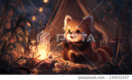 紅熊貓在營地生營火 130032507