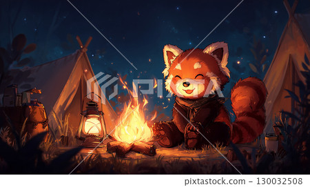 紅熊貓在營地生營火 130032508
