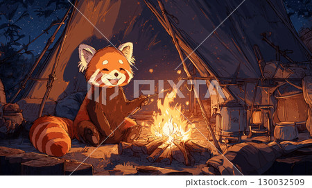 紅熊貓在營地生營火 130032509