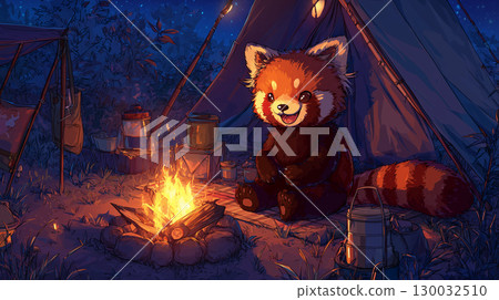 紅熊貓在營地生營火 紅熊貓在營地生營火 130032510