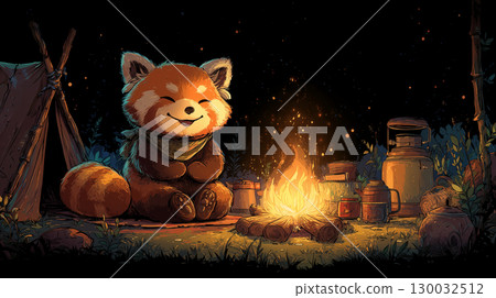 紅熊貓在營地生營火 紅熊貓在營地生營火 130032512