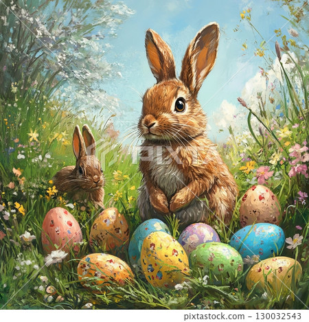 Playful Bunnies in Colorful Easter Meadow 130032543