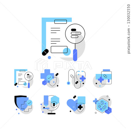 Medical care and research. Set of detailed flat icons. Infographic elements 130032550