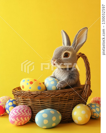 Playful Bunny In Basket With Colorful Easter Eggs On Yellow Background 130032597
