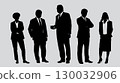 Set of business people silhouettes. A collection of diverse businessmen and businesswomen in formal suits, showing various poses. Vector illustration of a corporate team. 130032906
