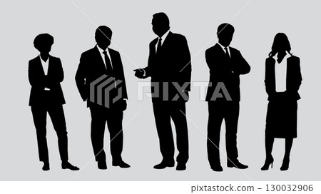 Set of business people silhouettes. A collection of diverse businessmen and businesswomen in formal suits, showing various poses. Vector illustration of a corporate team. 130032906
