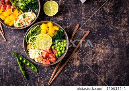 Healthy bowl with salmon and vegetables Healthy bowl with salmon and vegetables 130033241
