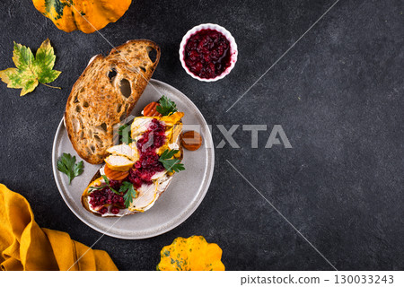 Leftover Thanksgiving day sandwich with turkey Leftover Thanksgiving day sandwich with turkey 130033243