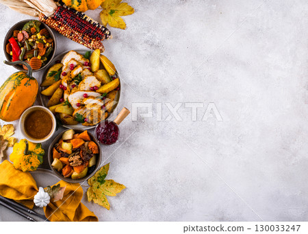Traditional Thanksgiving day dinner with turkey 130033247