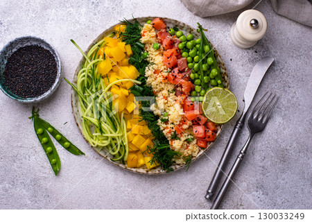 Healthy bowl with salmon and vegetables 130033249