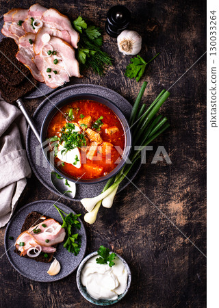 Traditional Ukrainian borsch with sour cream Traditional Ukrainian borsch with sour cream 130033264