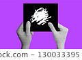 Hands Holding Black Card with White Scribbles on Purple Background 130033395