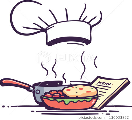Vsai chef toque over frying pan and menu with hot steaming food Vsai chef toque over frying pan and menu with hot steaming food 130033832