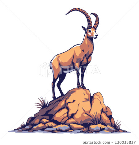 Vsai majestic ibex standing proudly on rocky summit, wildlife illustration 130033837