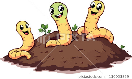 Vsai three happy earthworms smiling and emerging from fertile soil Vsai three happy earthworms smiling and emerging from fertile soil 130033839