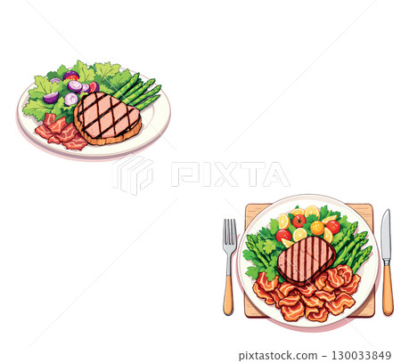 Vsai grilled tuna steak served with salad and asparagus on white plate Vsai grilled tuna steak served with salad and asparagus on white plate 130033849