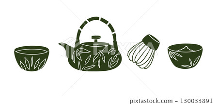 Matcha cooking kit teapot, matcha powder, whisk, cup. Green tea. 130033891