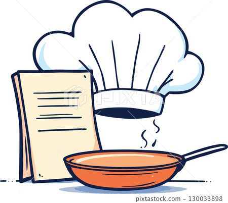 Vsai chef toque, cookbook and frying pan cooking food 130033898