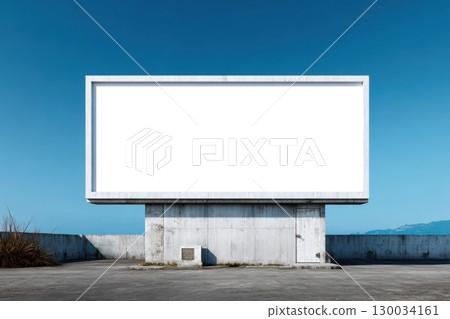 Mockup. Empty large horizontal digital billboard in the middle of gray office building concrete wall. Plain bright blank white screen outdoor. Industrial background. Advertising mock up. Urban banner 130034161