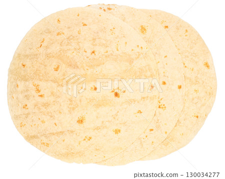Stack of fresh flour tortillas isolated on white background 130034277
