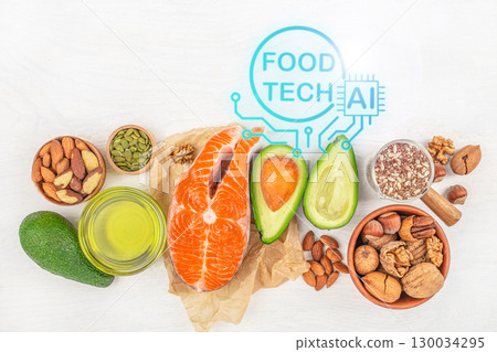 Healthy food ingredients with AI technology concept for modern nutrition and food tech, top view. copy space Healthy food ingredients with AI technology concept for modern nutrition and food tech, top view. copy space 130034295