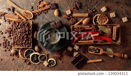Various spices and seasonings for making aromatic coffee-based drinks. Various spices and seasonings for making aromatic coffee-based drinks. 130034311
