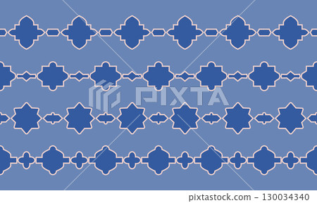 Oriental ceramic gold line arabic moroccan borders. Simple geometric outline boho style seamless patterns with decorative ornaments, shapes. 130034340