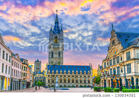 Belfry of Ghent Het Belfort van Gent medieval bell tower watchtower, Cloth hall Lakenhalle and Royal Dutch Theatre on Saint Bavo square Sint-Baafsplein in Ghent city historical center, Belgium 130034381