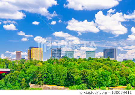 Luxembourg City aerial panoramic view of Kirchberg central business district with skyscraper buildings and Three Acorns Park with green trees, Luxembourg cityscape skyline horizon with blue sky 130034411