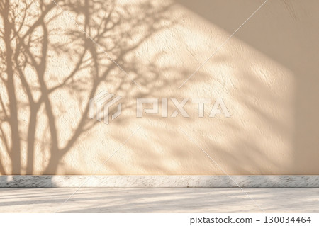 Minimal abstract background. Tree leaves light and shadows. Cosmetics product presentation. Premium podium. Pastel beige wall, white table. Showcase display case. Front view. Mockup ad. Neutral colour 130034464