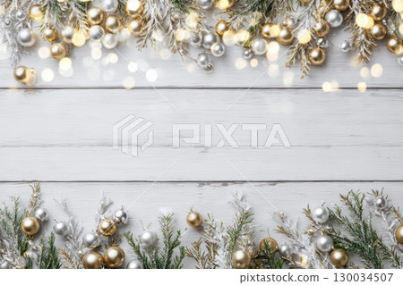 Christmas Frame surrounded a decoration. Composition on white background. Flat lay. Mock up next to gold decorated branches. Festive holiday artwork. Blank mockup. Poster product design template. 130034507