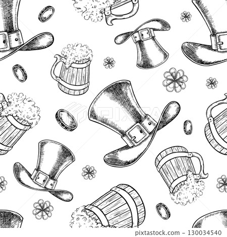 St. Patrick s Day. Seamless pattern with top hats, cylinders, and beer mugs. Hand-drawn black and white vector illustration. For textiles, backgrounds, wrapping paper, and more. St. Patrick s Day. Seamless pattern with top hats, cylinders, and beer mugs. Hand-drawn black and white vector illustration. For textiles, backgrounds, wrapping paper, and more. 130034540
