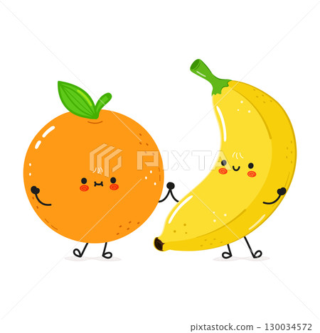 This adorable cartoon features a cheerful orange and banana enjoying a delightful friendship. 130034572