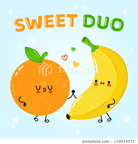This adorable cartoon illustration features a sweet orange and banana in love, creating a heartwarming scene. 130034573