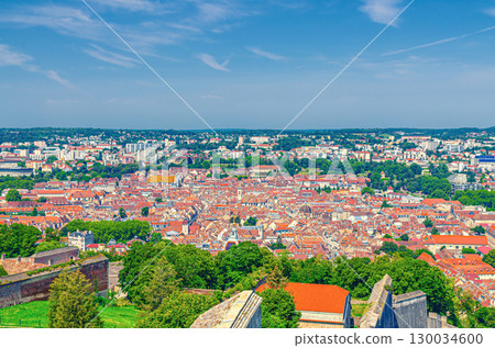 Aerial panoramic view of Besancon old town centre La boucle and blue sky background, Panorama of city historic centre skyline, cityscape, Bourgogne-Franche-Comte region, France 130034600