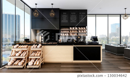 Modern Bakery Shop and Caf Interior with Bread Display and Coffee Counter, 3d Rendering 130034642