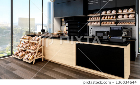 Modern Bakery Shop and Caf Interior with Bread Display and Coffee Counter, 3d Rendering 130034644