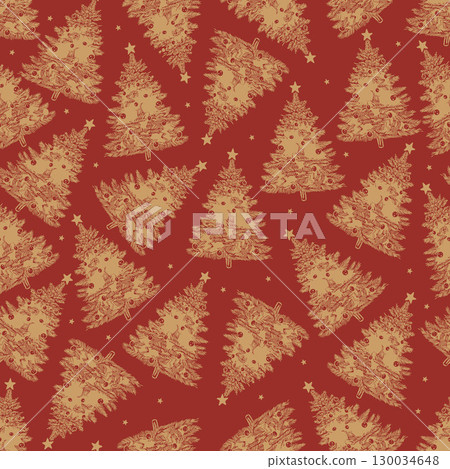Vintage vector pattern of Christmas tree. New Year golden pines on red background with stars. Christmas retro pattern. Vintage Christmas. Vector illustration. 130034648