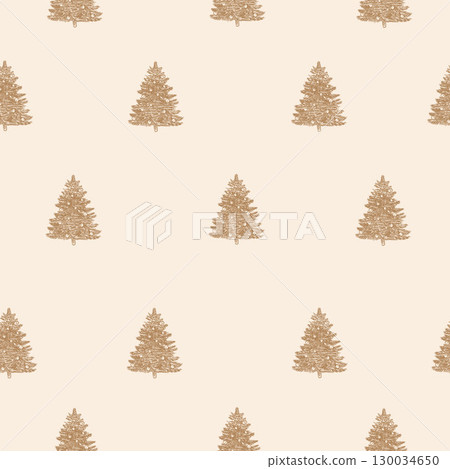 Vintage vector pattern of Christmas tree. New Year golden pines on beige pastel background. Christmas retro pattern. Vintage Christmas. Vector illustration. 130034650