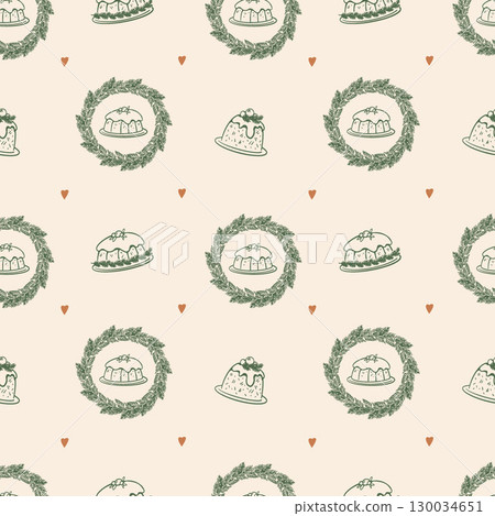 Christmas cakes, fir wreaths and hearts seamless pattern on beige background. Green, gold and beige color scheme. Christmas baking. Vintage background. Seamless retro pattern. Vector illustration. 130034651
