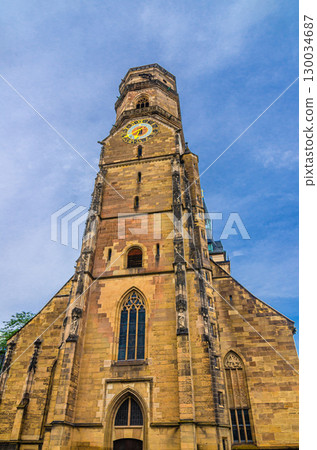 Stiftskirche Collegiate Church Evangelical-Lutheran Romanesque style building with clock tower in old town Stuttgart Mitte historic city center, Baden-Wurttemberg state, Germany 130034687