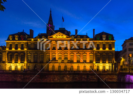 Palais Rohan Palace Archaeological Museum, Museum of Fine Arts, Museum of Decorative Arts baroque Architecture style in old town Strasbourg city historic Centre, evening view, Alsace region, France 130034717