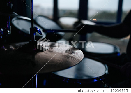 Drum kit, Drum cymbals close-up. Preparation for the concert. Drummer's seat close-up. 130034765