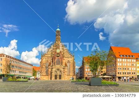 Nuremberg cityscape, old town Nuremberg city historical center, Main Market Square with Our Lady Catholic church, medieval buildings and trees in pots, Middle Franconia region, Bavaria state, Germany Nuremberg cityscape, old town Nuremberg city historical center, Main Market Square with Our Lady Catholic church, medieval buildings and trees in pots, Middle Franconia region, Bavaria state, Germany 130034779