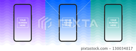 Mockup of a phone screen. Social media promotion. Purple, blue and green abstract backgrounds 130034817